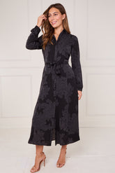 8Pcs Black Tonal Rose Print Maxi Shirt Dress