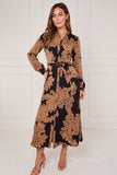 8Pcs Black and Camel Rose Print Maxi Shirt Dress