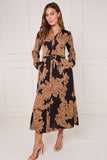 8Pcs Black and Camel Rose Print Maxi Shirt Dress