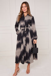 8Pcs Black and Grey Tie Dye Wave Print Maxi Shirt Dress
