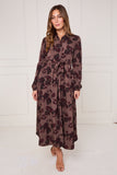 8Pcs Mocha Burgundy Ink Floral Maxi Shirt Dress