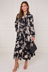 8Pcs Black and Stone Abstract Floral Print Maxi Shirt Dress