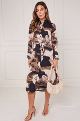 8Pcs Earthtone Abstract Flow Print Midi Shirt Dress
