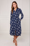 8Pcs Navy Stitched Leaf Print Midi Shirt Dress