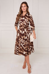 8pcs Brown Brushstroke Print Half Sleeve Midi Shirt Dress