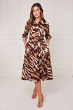 8pcs Brown Brushstroke Print Half Sleeve Midi Shirt Dress