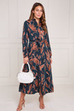 8Pcs Teal and Chestnut Floral Print Maxi Shirt Dress