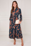 8Pcs Teal and Chestnut Floral Print Maxi Shirt Dress