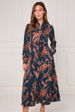 8Pcs Teal and Chestnut Floral Print Maxi Shirt Dress