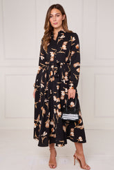 8pcs Black Soft Bloom Print Midaxi Shirt Dress