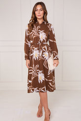 8Pcs Brown and Ivory Botanical Floral Print Midi Shirt Dress