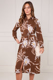 8Pcs Brown and Ivory Botanical Floral Print Midi Shirt Dress