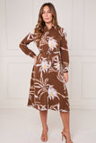 8Pcs Brown and Ivory Botanical Floral Print Midi Shirt Dress