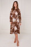 8Pcs Brown and Ivory Botanical Floral Print Midi Shirt Dress
