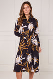 8Pcs Black and Mustard Botanical Floral Print Midi Shirt Dress