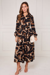 8Pcs Black and Caramel Swirl Print Maxi Shirt Dress