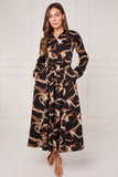 8Pcs Black and Caramel Swirl Print Maxi Shirt Dress