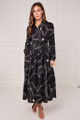 8Pcs Black and Ivory Contour Print Maxi Shirt Dress