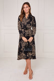8Pcs Black and Gold Vintage Rose Print Midi Shirt Dress