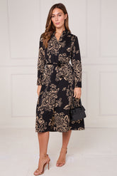 8Pcs Black and Gold Vintage Rose Print Midi Shirt Dress
