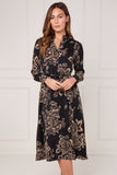 8Pcs Black and Gold Vintage Rose Print Midi Shirt Dress