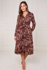 8Pcs Chocolate Abstract Swirl Print Midi Shirt Dress