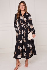 8Pcs Black and Taupe Magnolia Print Maxi Shirt Dress