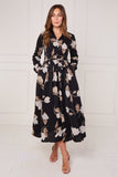 8Pcs Black and Taupe Magnolia Print Maxi Shirt Dress