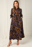 8Pcs Deep Amber and Violet Leaf Print Maxi Shirt Dress