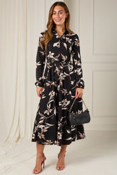 8Pcs Black and Taupe Orchid Print Maxi Shirt Dress