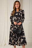 8Pcs Black and Taupe Orchid Print Maxi Shirt Dress