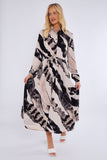 8Pcs Black and Beige Abstract Print Midaxi Shirt Dress