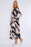 8Pcs Black and Beige Abstract Print Midaxi Shirt Dress
