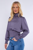 8Pcs Purple Grey Creased Satin Shirred Waist Cropped Top