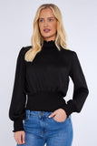 8Pcs Black Creased Satin Shirred Waist Cropped Top