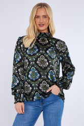 8Pcs Black Baroque Floral Print Shirred Waist Blouse