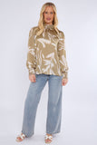 8Pcs Olive Abstract Brushstroke Shirred Cuff Blouse