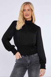 8Pcs Black Creased Satin Shirred Waist Cropped Top