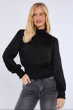 8Pcs Black Creased Satin Shirred Waist Cropped Top