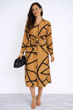 8Pcs Mustard Abstract Line Print Belted Shirt Dress