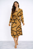8Pcs Mustard Abstract Line Print Belted Shirt Dress