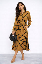 8Pcs Mustard Abstract Line Print Belted Shirt Dress