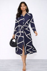 8Pcs Navy Abstract Line Print Belted Shirt Dress