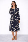 8Pcs Navy Abstract Line Print Belted Shirt Dress