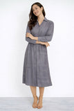 8Pcs Grey Modern Line Print Belted Shirt Dress