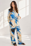 Love Sunshine Blue Abstract Print Satin Shirt and Trouser Set Co ord sets LS-5002 LS-5002&9057 LS-9057