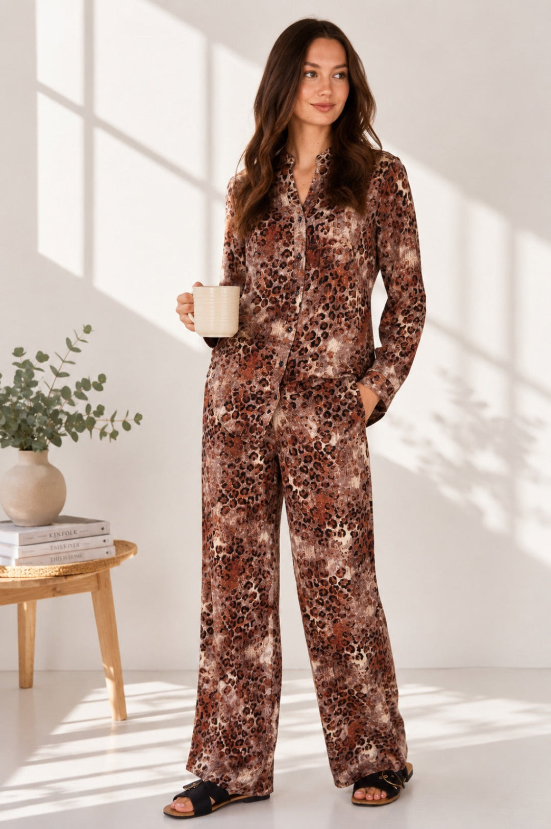 Love Sunshine Brown Leopard Print Velvety Shirt and Trouser Set Co ord sets LS-5002 LS-5002&9057 LS-9057