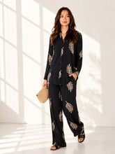 Love Sunshine Black Leaf Print Shirt & Wide Leg Trouser Set Co ord sets LS-5002 LS-5002&9057 LS-9057