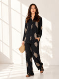 Love Sunshine Black Leaf Print Shirt & Wide Leg Trouser Set Co ord sets LS-5002 LS-5002&9057 LS-9057