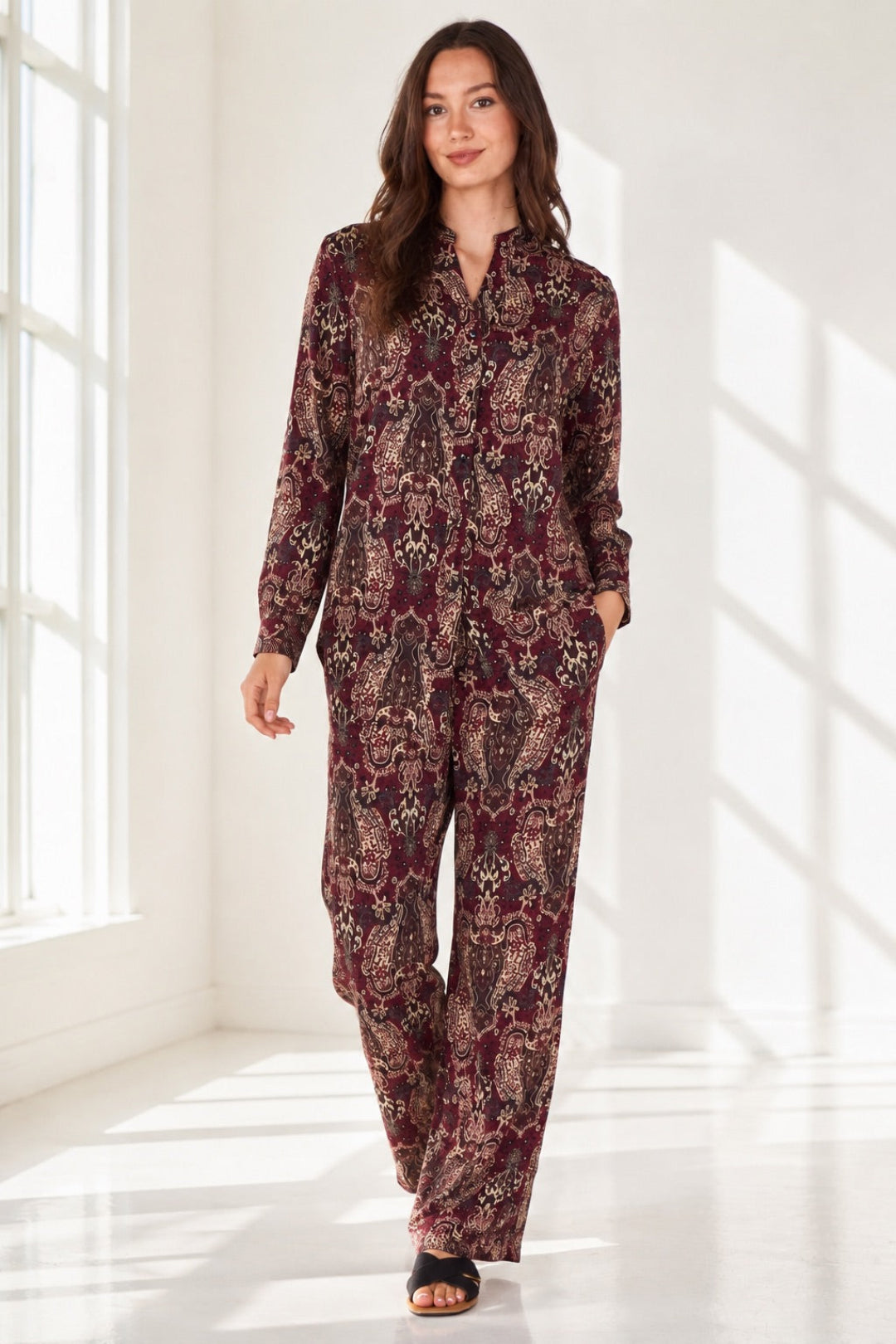Love Sunshine Burgundy Paisley Print Shirt and Trouser Set Co ord sets LS-5002 LS-5002&9057 LS-9057